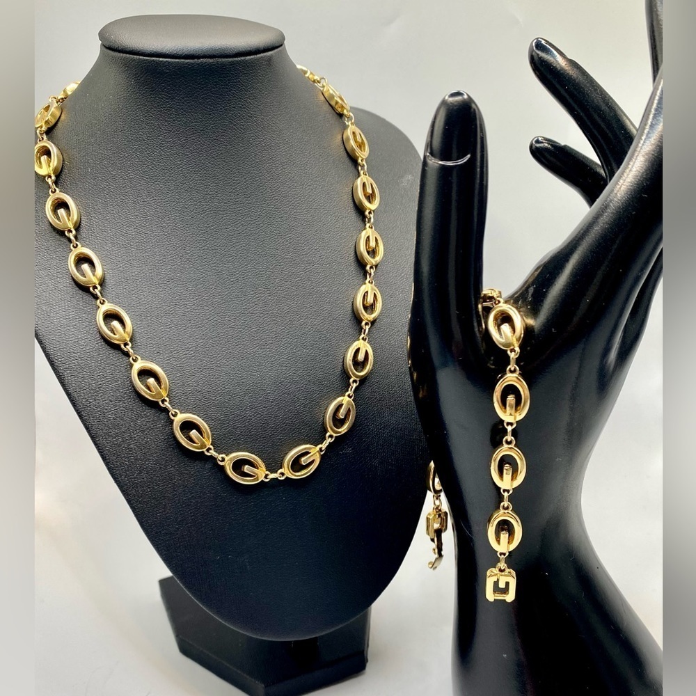 Vintage Givenchy Logo G Link Gold Plated Necklace & Bracelet with Double G Clasp